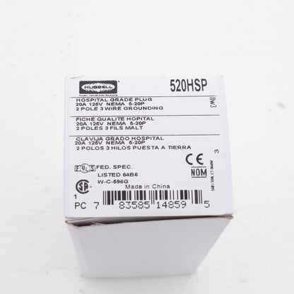 Hubbell Hospital Grade Straight Blade Plug 2P3W Nema 5-20R 20A 125V 520HSP
