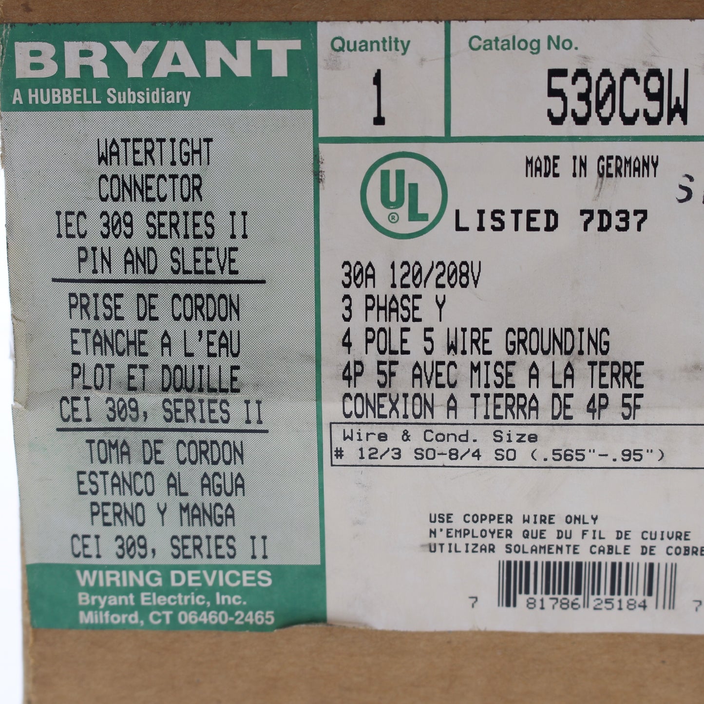 Bryant Watertight Pin Sleeve Connector Female Plug 30A 120/208V 3�Y 4P5W 530C9W