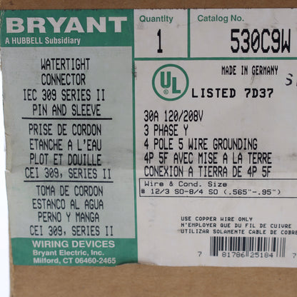 Bryant Watertight Pin Sleeve Connector Female Plug 30A 120/208V 3�Y 4P5W 530C9W