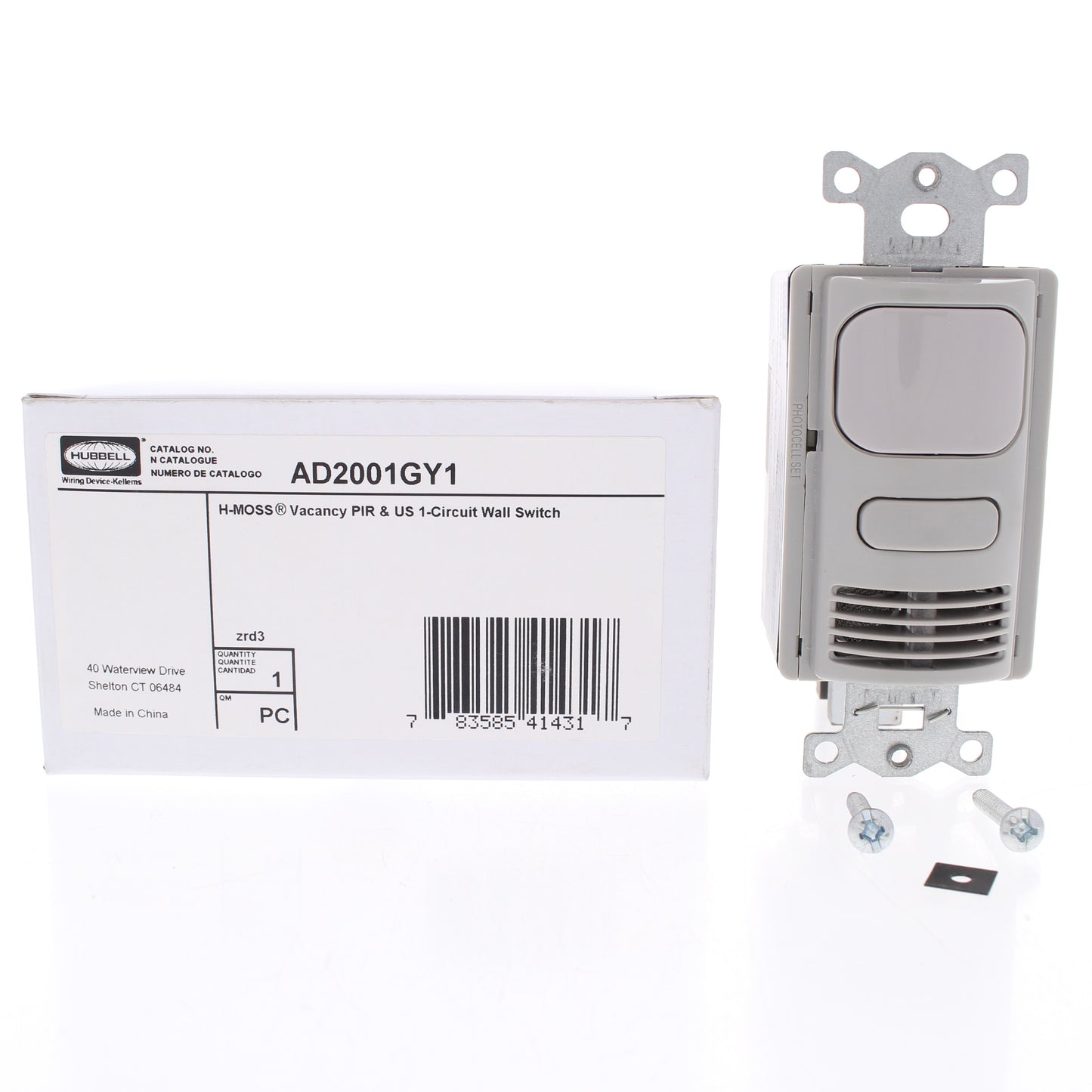 Hubbell Gray Vacancy Sensor Switch Adaptive PIR/US 120/277V 1000ft? AD2001GY1