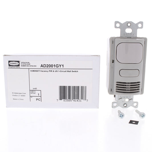 Hubbell Gray Vacancy Sensor Switch Adaptive PIR/US 120/277V 1000ft? AD2001GY1
