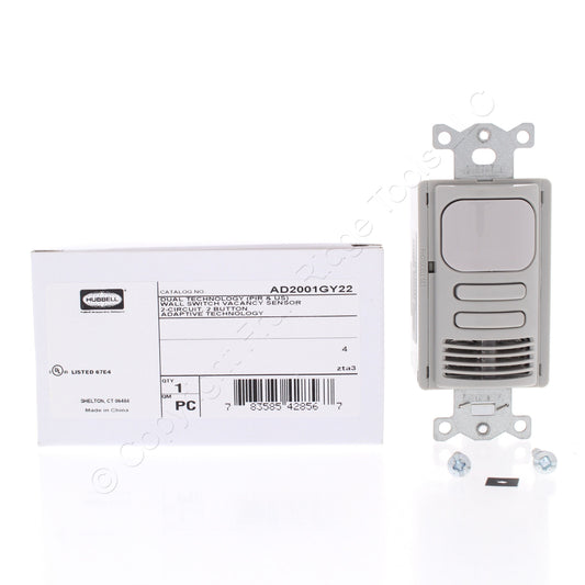 Hubbell AD2001GY22 Gray Vacancy Sensor Switch Adaptive PIR/US 2 Circuit