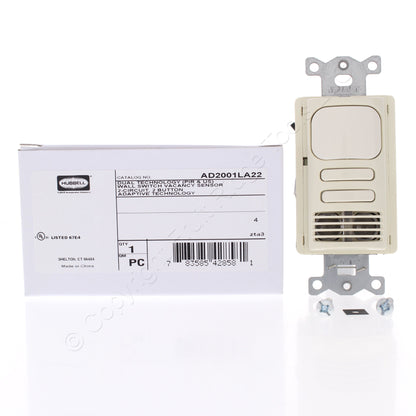 Hubbell AD2001LA22 Lt Almond Vacancy Sensor Switch Adaptive PIR/US 2 Circuit