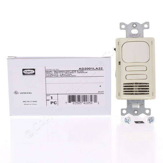 Hubbell AD2001LA22 Lt Almond Vacancy Sensor Switch Adaptive PIR/US 2 Circuit