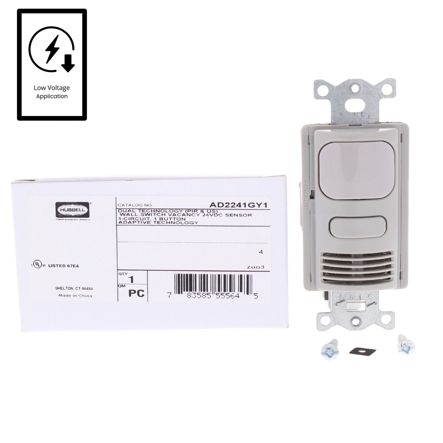 Hubbell AD2241GY1 Gray Vacancy Sensor Switch Low Voltage Adaptive PIR/US 24VDC
