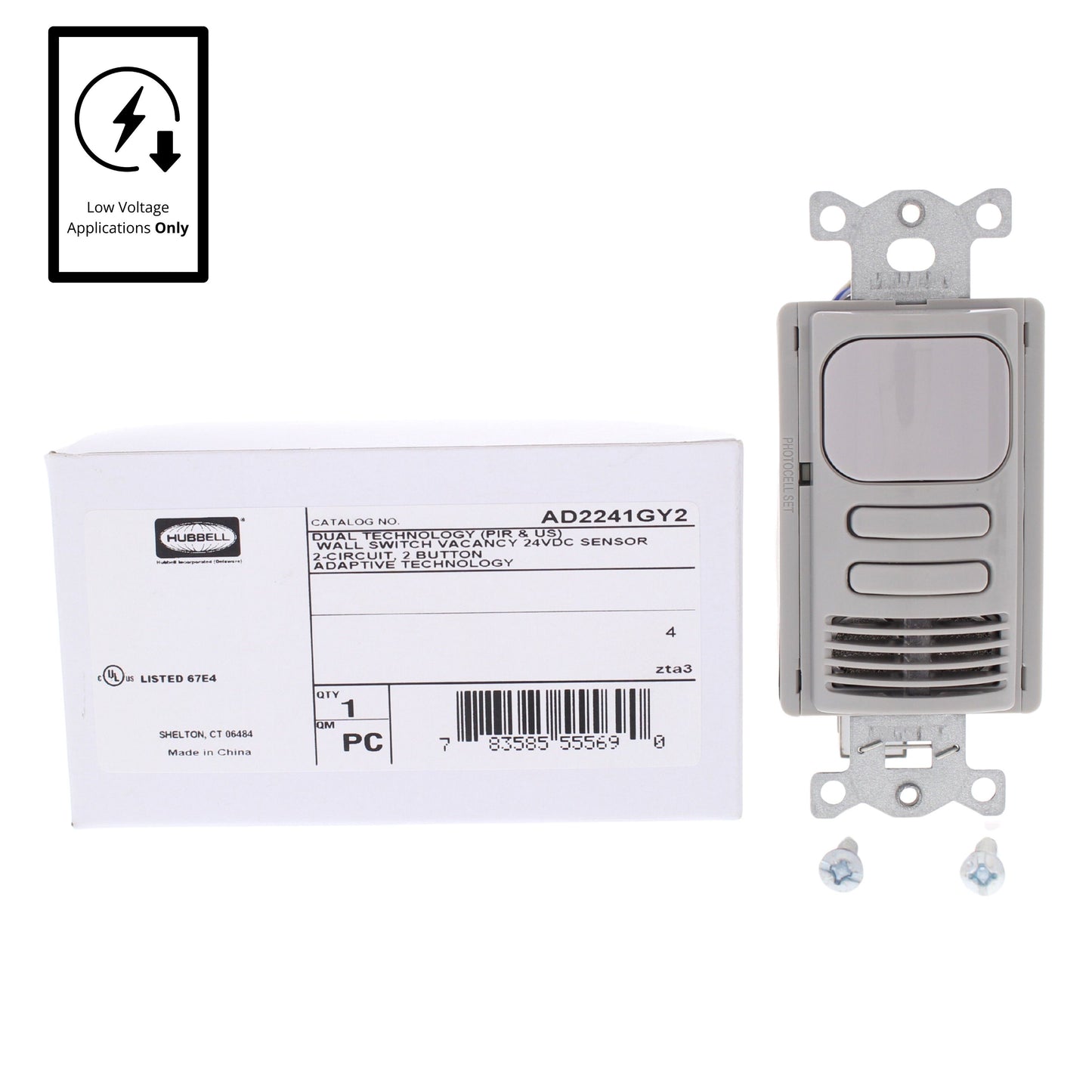 Hubbell AD2241GY2 Gray Vacancy Sensor Switch Low Voltage PIR/US 2-Circuit 24VDC