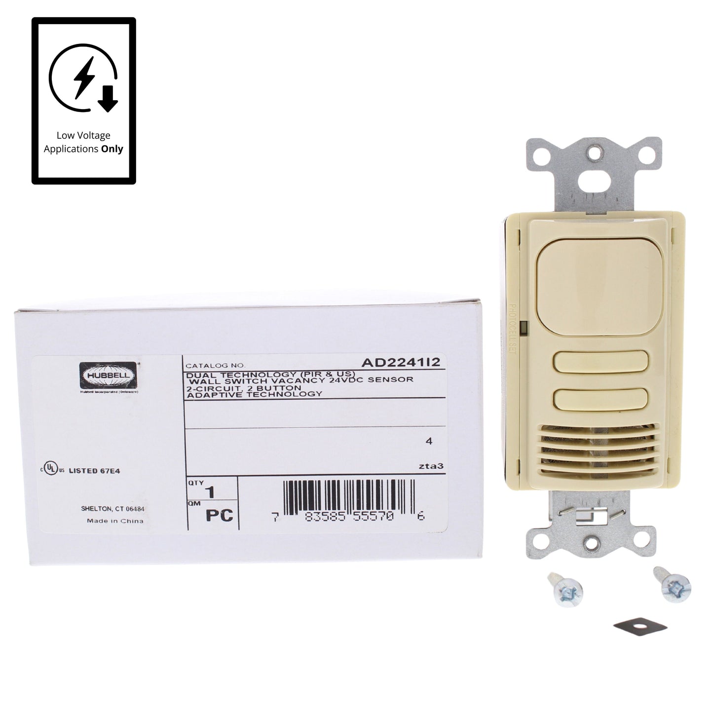 Hubbell AD2241I2 Ivory Vacancy Sensor Switch Low Voltage PIR/US 2-Circuit 24VDC