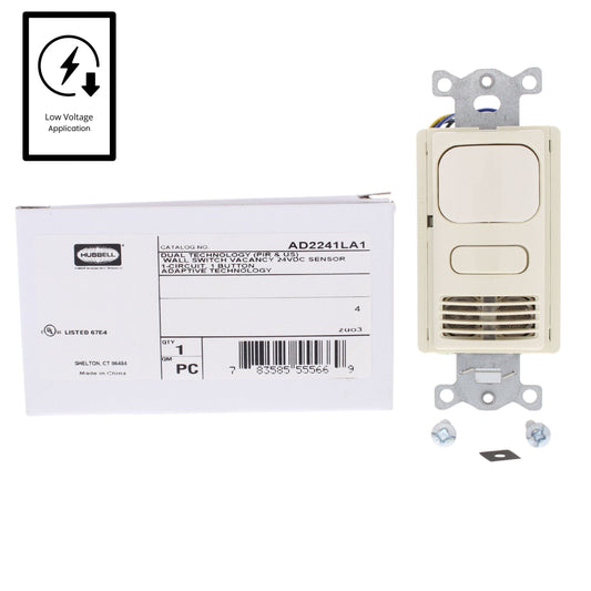Hubbell AD2241LA1 Lt Almond Vacancy Sensor Low Voltage Adaptive PIR/US 24VDC