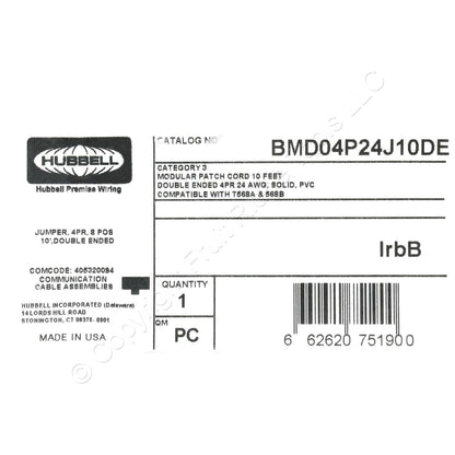 Hubbell Double End Phone Jumper Cord 4 Pair 8 Position 10Ft RJ45 BMD04P24J10DE