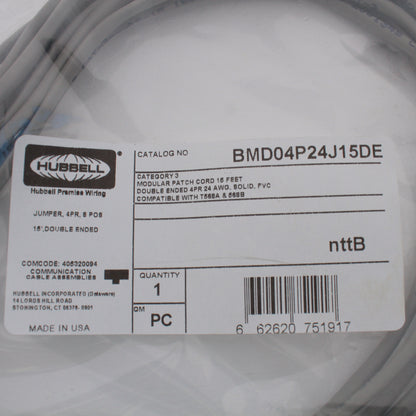Hubbell Double End Phone Jumper Cord 4 Pair 8 Position 15Ft RJ45 BMD04P24J15DE