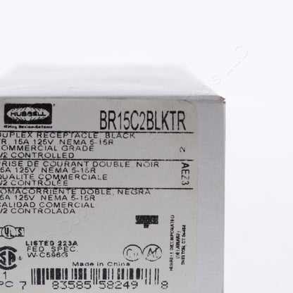 Hubbell BR15C2BLKTR Black Tamper Res Commercial 15A Receptacle 2/2 Controlled