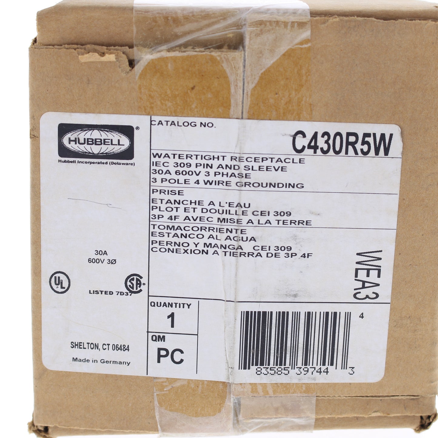 Hubbell C430R5W Watertight IEC Pin & Sleeve Receptacle 30A 600V 3Ø Outlet 3P4W