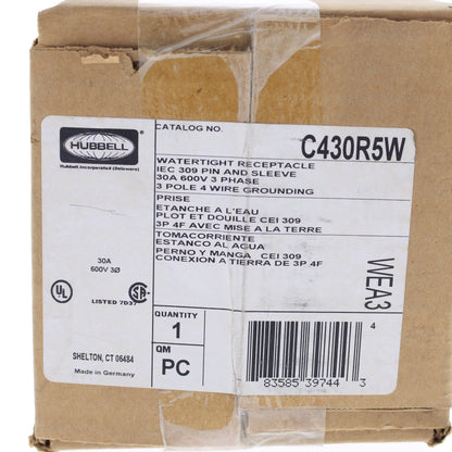 Hubbell C430R5W Watertight IEC Pin & Sleeve Receptacle 30A 600V 3Ø Outlet 3P4W