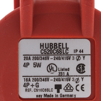 Hubbell Pin & Sleeve Connector C-Series LC 3� 20A 200-415V 4P5W BULK C520C6SLC