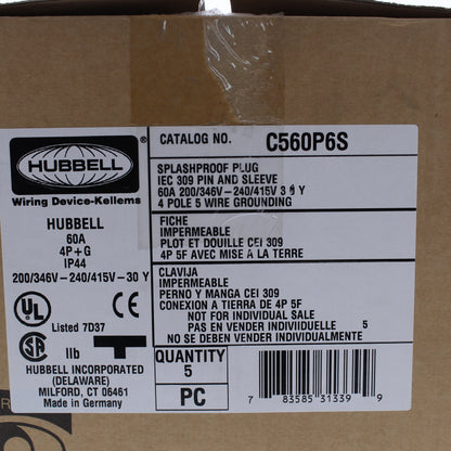 5 Hubbell Red Pin & Sleeve Plugs Splashproof IP44 60A 200-415V 4P5W C560P6S