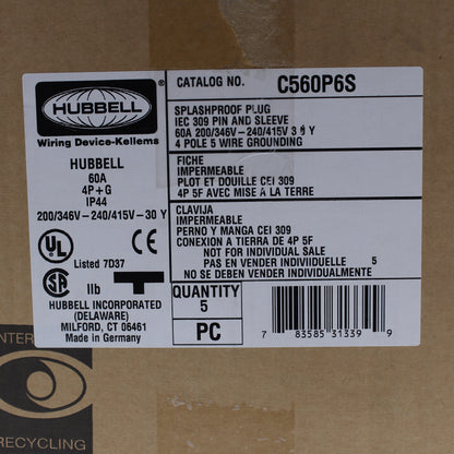 Hubbell Red Pin & Sleeve Plug Splashproof IP44 60A 200-415V 4P5W C560P6S