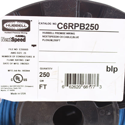 250' Roll Hubbell Blue Cat6 Network Cable UTP Plenum Solid Copper 550MH C6RPB250