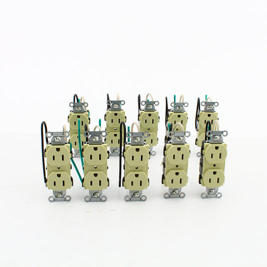 10 Hubbell Ivory Commercial Receptacle Outlets 15A 125V 8" Wire Leads CR15IP1