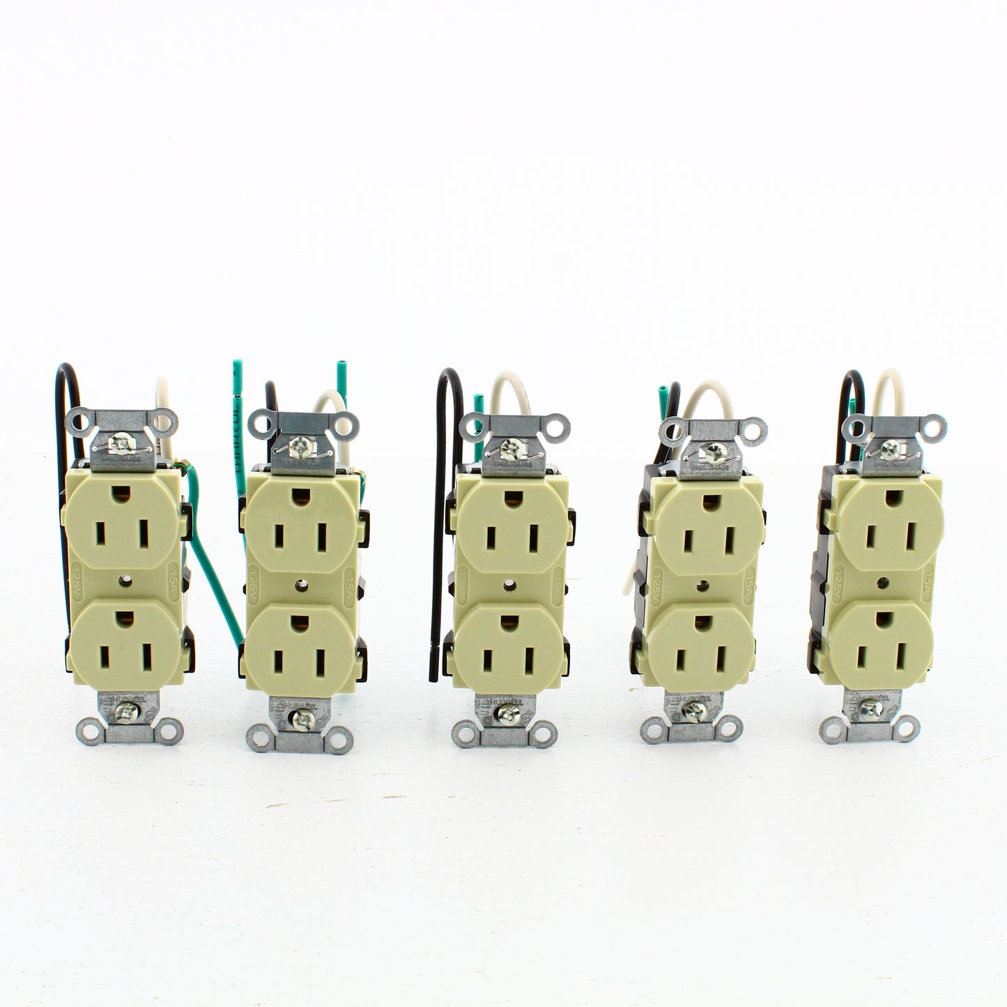 5 Hubbell Ivory Commercial Receptacle Outlets 15A 125V 8" Wire Leads CR15IP1