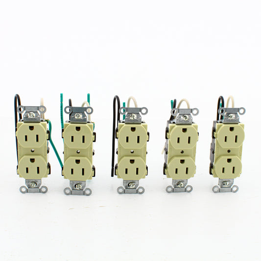 5 Hubbell Ivory Commercial Receptacle Outlets 15A 125V 8" Wire Leads CR15IP1