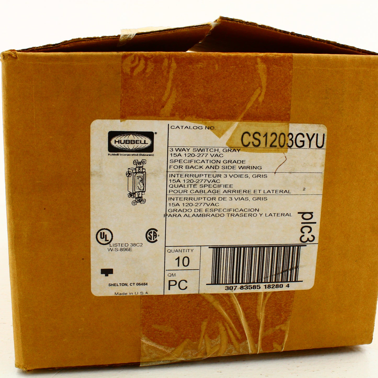 Hubbell CS1203GY Gray Commercial Toggle Light Switches 3-Way 15A 120/277V 10pcs