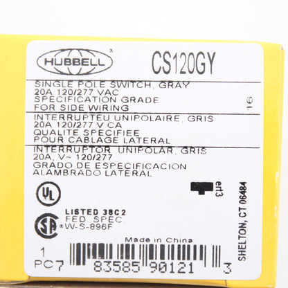 Hubbell Bryant Gray COMMERCIAL Toggle Wall Light Switch Single Pole 15A CS120GY