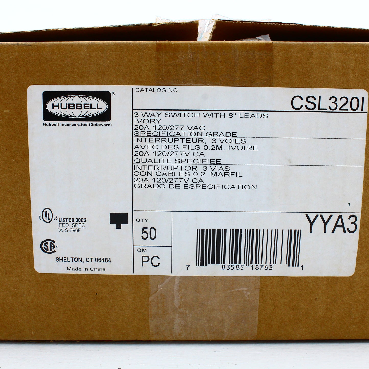 Hubbell CSL120I Ivory Commercial Toggle Light Switch 20A 3-Way w/Wire Leads 50pc