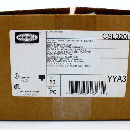 Hubbell CSL120I Ivory Commercial Toggle Light Switch 20A 3-Way w/Wire Leads 50pc