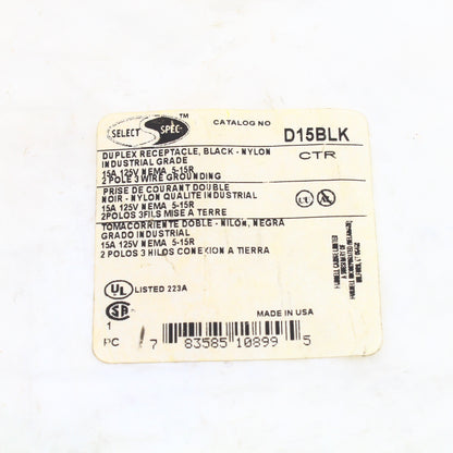 Hubbell Black Industrial Decorator Receptacle Duplex Outlet 15A 125V D15AL
