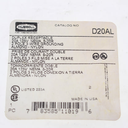 Hubbell Almond Industrial Decorator Receptacle Duplex Outlet 20A 125V D20AL