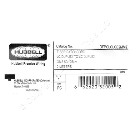Hubbell Fiber Optic Patch Cord LSZH OM3 Cable Duplex MM LC-LC 2m DFPCLCLCE2MMZ