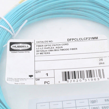 Hubbell Fiber Optic Patch Cord Plenum OM4 Duplex MM LC-LC 21m DFPCLCLCF21MM