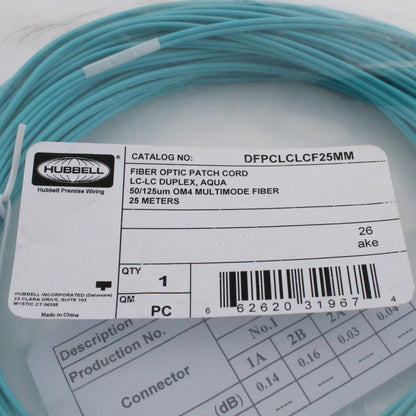 Hubbell Fiber Optic Patch Cord Plenum OM4 Duplex MM LC-LC 25m DFPCLCLCF25MM