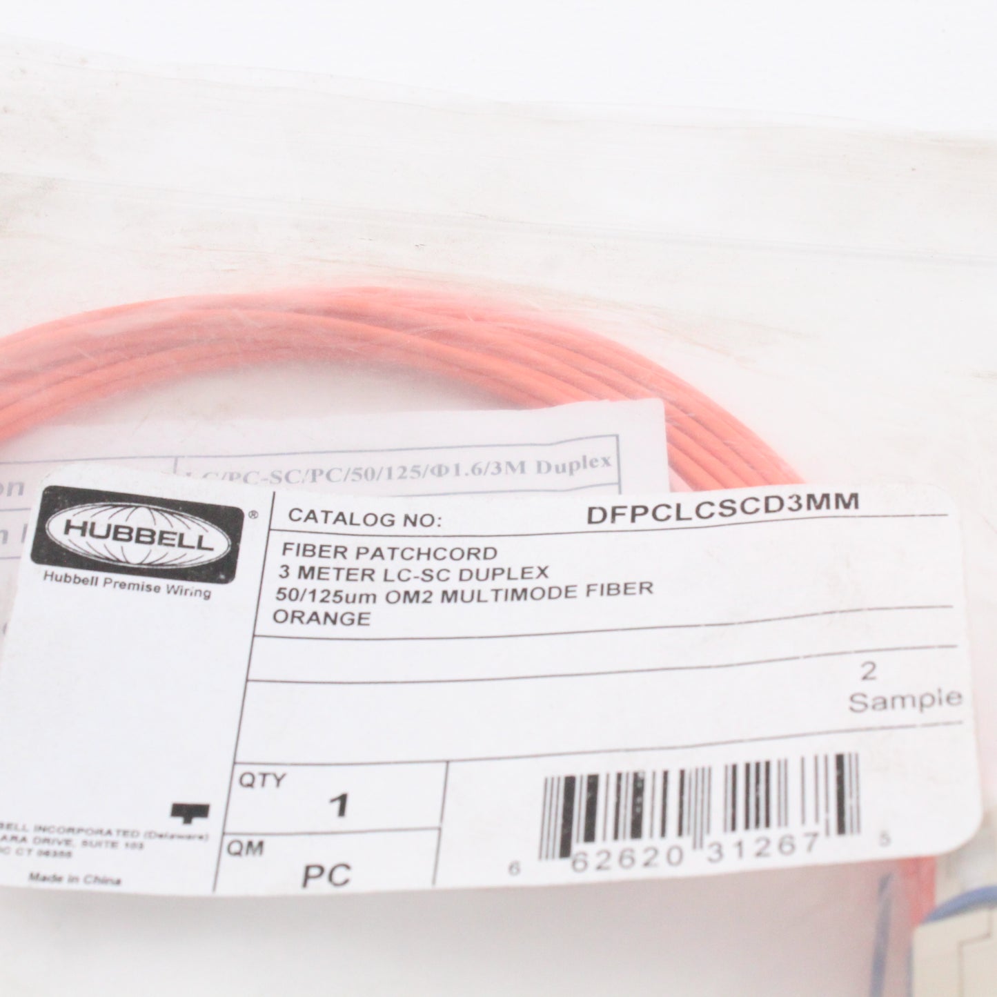 Hubbell Fiber Optic Patch Cord Plenum OM2 Cable Duplex MM LC-SC 3m DFPCLCSCD3MM