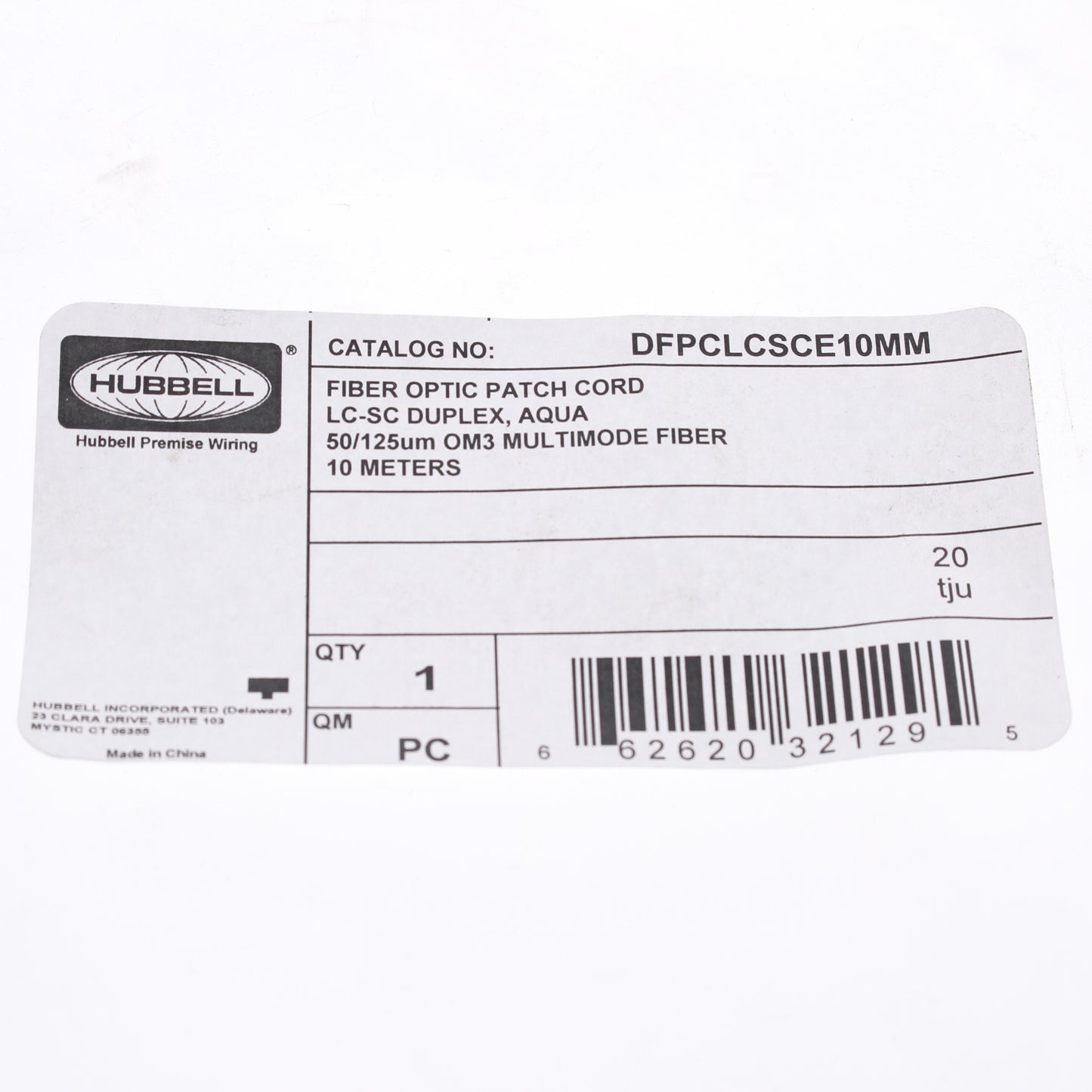 Hubbell Fiber Optic Patch Cord Plenum OM3 Duplex MM LC-SC 10m DFPCLCSCE10MM