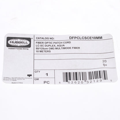 Hubbell Fiber Optic Patch Cord Plenum OM3 Duplex MM LC-SC 10m DFPCLCSCE10MM