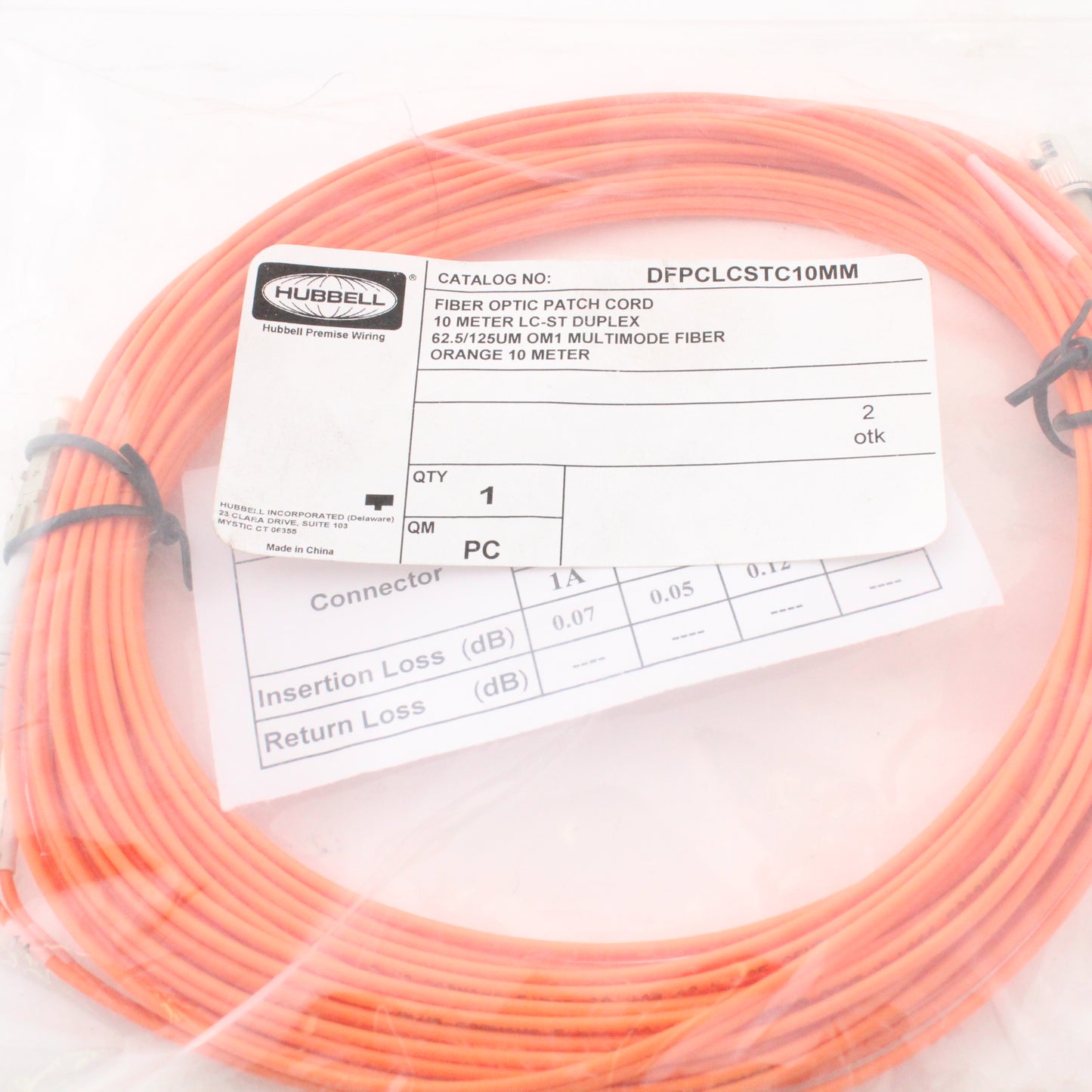 Hubbell Fiber Optic Patch Cord Plenum OM1 Cable Duplex MM LC-ST 10m