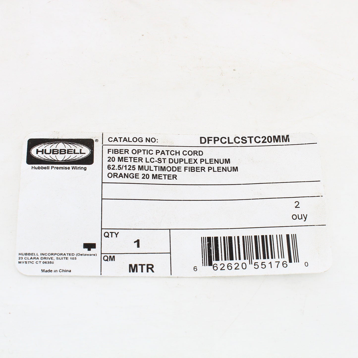 Hubbell Fiber Optic Patch Cord Plenum OM1 Cable Duplex MM LC-ST 20m