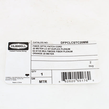 Hubbell Fiber Optic Patch Cord Plenum OM1 Cable Duplex MM LC-ST 20m
