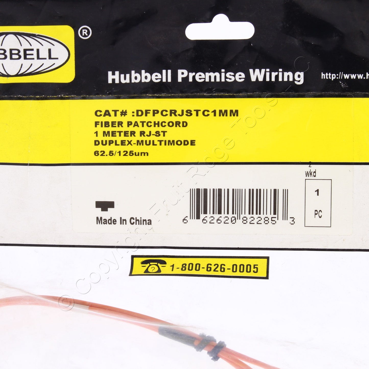 Hubbell Fiber Optic Patch Cord Plenum OM1 Cable Duplex MM MTRJ-ST 1m