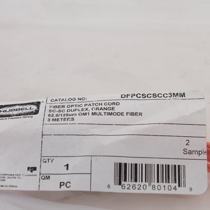 Hubbell Fiber Optic Patch Cord Plenum OM1 Cable Duplex MM SC-SC 3m DFPCSCSCC3MM