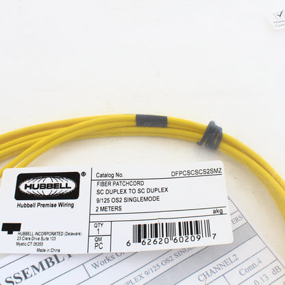Hubbell DFPCSCSCS2SMZ Fiber Optic 2-Meter SC-SC Patch Cord OS2 Cable Duplex SM