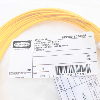 Hubbell Fiber Optic Patch Cord Plenum OS2 Cable Duplex SM ST-SC 7m DFPCSTSCS7SM