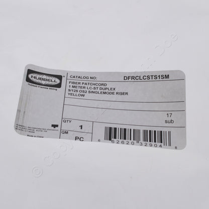 Hubbell Fiber Optic Patch Cord Riser OS2 Cable Duplex SM ST-ST 1m DFRCSTSTS1SM