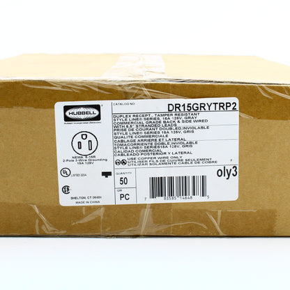 Hubbell DR15GRYTRP2 Gray TR Decorator Outlets 5-15 w/ 6.5" Stranded Leads 50-pk