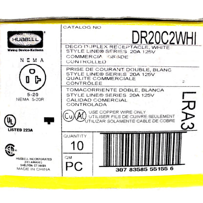 Hubbell DR20C2WHI White 20A Decorator Outlet Receptacle 2/2 Controlled 10pcs