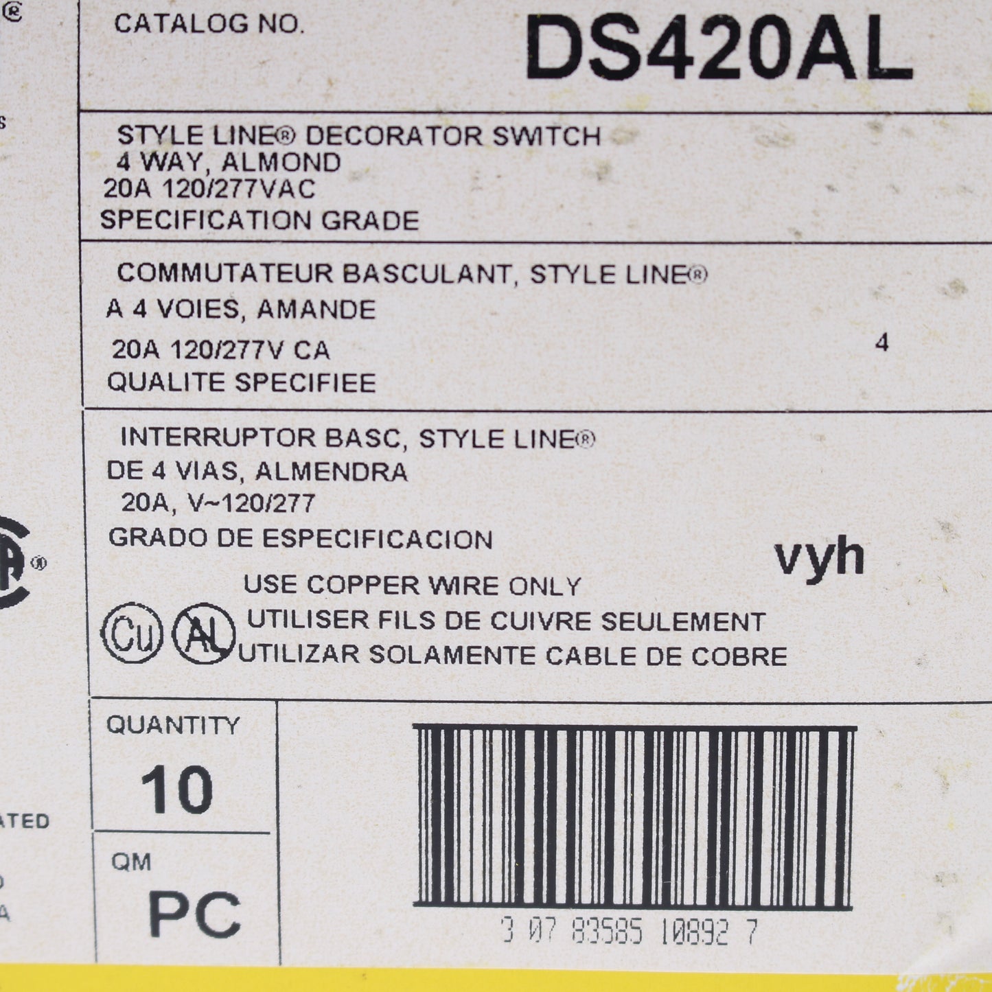 Hubbell DS420AL Almond 4-Way Decorator Rocker Light Switch Spec Grade 20A 10pcs