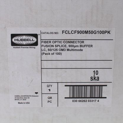 100PK Hubbell Fiber Optic Fusion Splice Connectors LC Jack OM3 FCLCF900M50G100PK