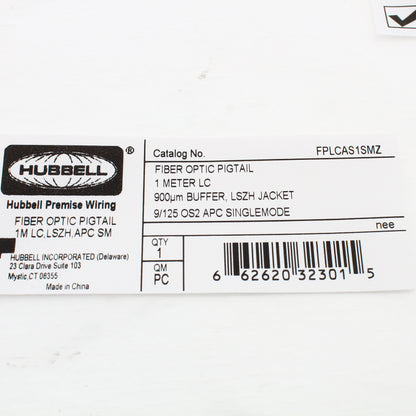 Hubbell Fiber Optic 1-Cable Pigtail LSZH SM LC APC OS2 3m FPLCAS1SMZ