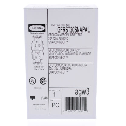 Hubbell Almond 20A SnapConnect SelfTesting Gfci Receptacle Outlet GFRST20SNapaL